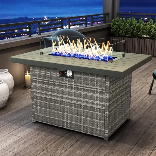 Miniatura 10 de Mesa para fogón de gas propano de 44 pulgadas para patio exterior, fogón rectangular al aire libre de mimbre de ratán de 60000 BTU con protector