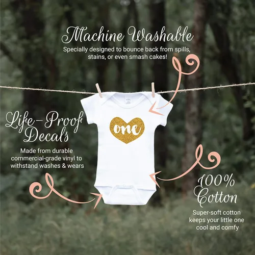 Miniatura 2 de Camiseta de primer cumpleaños bebé niña Glitter Heart One Gold Baby Bodysuit, Blanco