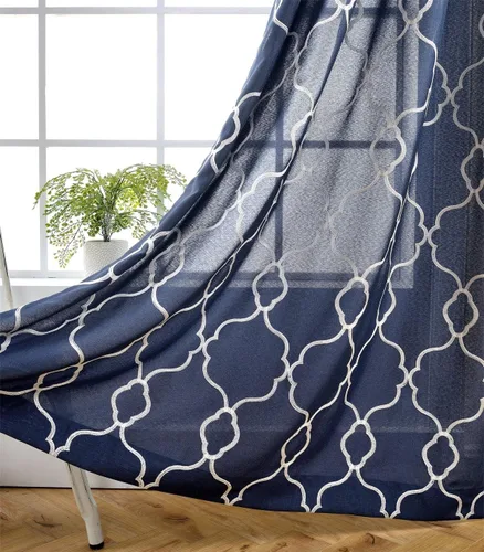 Miniatura 16 de Miuco, cortinas de imitación de lino con bordado marroquí, semitransparentes, con ojales para salón o dormitorio