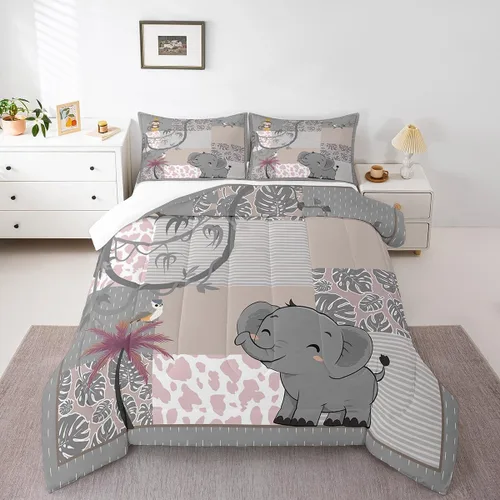 Lindo Juego de Edredón de Elefante Juego de Ropa de Cama de Animales de Dibujos Animados para Niños Niñas Mujeres Adultos Edredón de Hojas