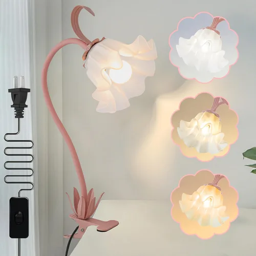 Lámpara de Escritorio de Flores, Luz de Lectura LED con Clip y Rotación de 360°, Lámpara de Noche Vintage de Flores para Mesita de Noche, 3 Modos de