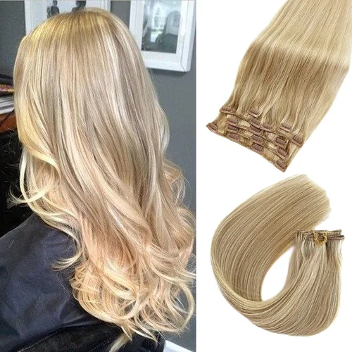 Miniatura 23 de Extensiones de cabello humano real con clip, color blanco hielo, extensiones de cabello humano Remy con clip, 18 pulgadas, 7 piezas, 2.47 oz