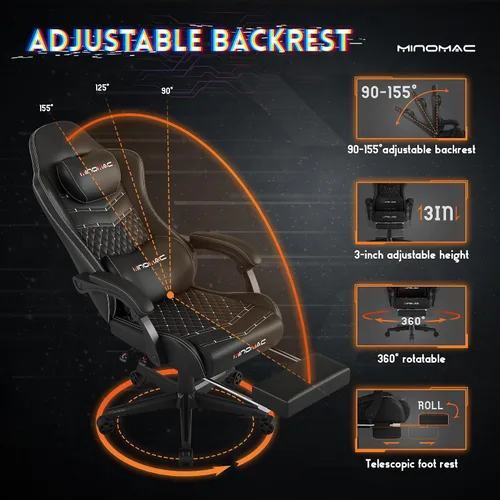 Miniatura 6 de Silla Gaming, Silla Gaming Ergonómica para Computadora, Capacidad de Carga de 400lb, Reposapiés Retráctil/Soporte Lumbar/Respaldo Ergonómico[Resorte