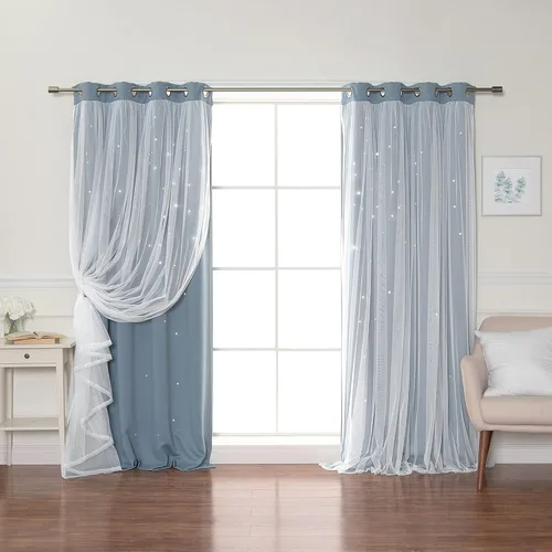 Miniatura 9 de Best Home Fashion Par de cortinas opacas con revestimiento de tul y corte láser, paneles de ventana con ojales plateados para dormitorio, habitación