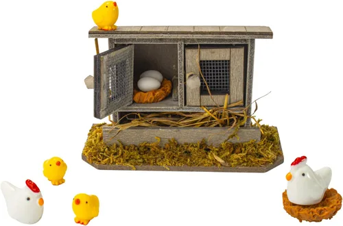 Hiawbon Mini gallinero de madera retro en miniatura para pollo, gallinero, pollo, huevo, adorno de nido de pollo, micro paisaje, decoración de