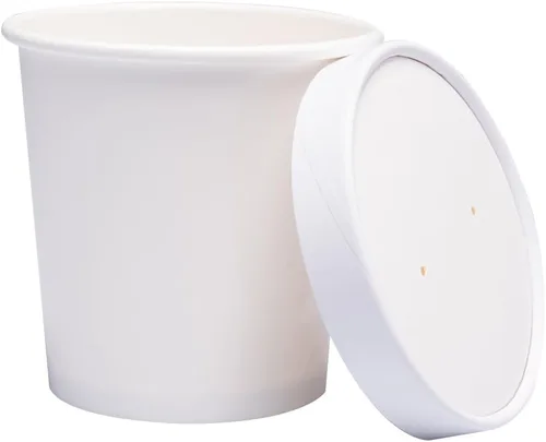Vasos de papel para helado con tapas de papel, tazas de sopa caliente/fría con tapas (blanco) (25, 16 oz)
