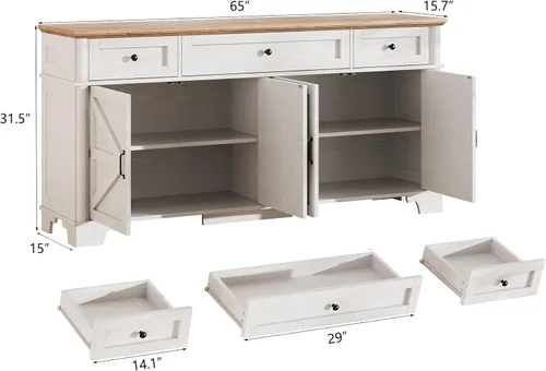 Miniatura 2 de BestHaped Armario de buffet de granja de 65 pulgadas con almacenamiento, aparador blanco con estantes ajustables y 3 cajones, mesa de buffet