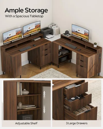 Miniatura 5 de EYYTHUNG Escritorio ejecutivo acanalado con estante de almacenamiento y cajón de archivos, escritorio de oficina de madera moderno de 55 pulgadas