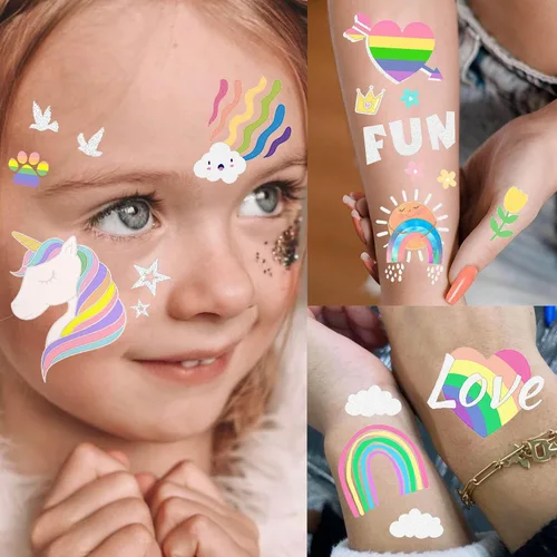 Miniatura 5 de Groovy - Lindos tatuajes temporales para niños y niñas con patrón de arco iris de unicornio, más de 123 piezas de calcomanías falsas metálicas