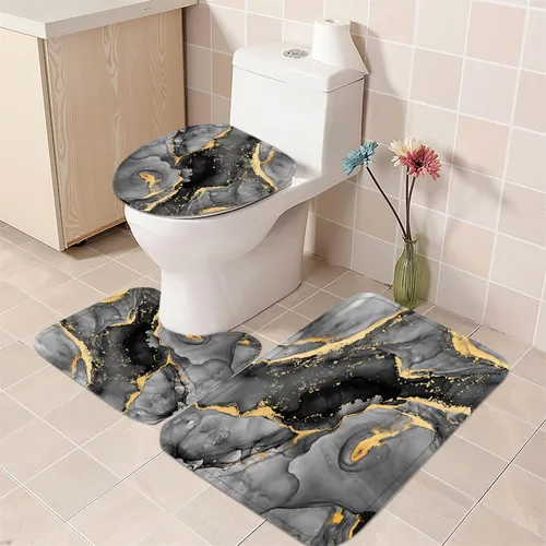 Miniatura 6 de Nkzply Juego de 4 Piezas de Cortina de Ducha de Mármol Negro Gris Moderno Abstracto Juegos de Baño con Cortina de Ducha y Alfombras Cortinas