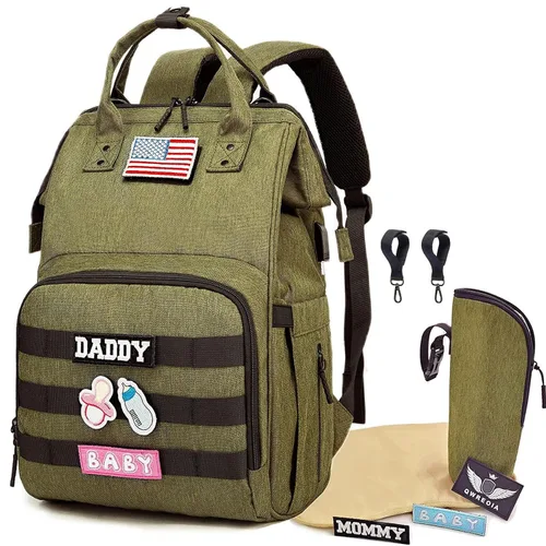 Miniatura 19 de Mochila para pañales con puerto de carga USB, correas para cochecito y bolsillo aislado, mochila militar del ejército de viaje para papá/mamá negro