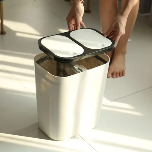 Miniatura 4 de Bote de basura de doble compartimento para residuos de cocina, contenedor de basura blanco con tapa para separación seca y húmeda, elegante cubo