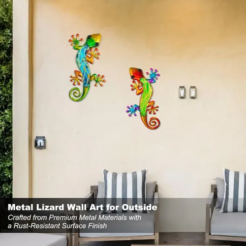 Miniatura 7 de Arte decorativo de Gecko de pared de metal, 14 pulgadas, paquete de 2 Diseño de escalada 3D, escultura de vidrio decorativa, lagarto colgante