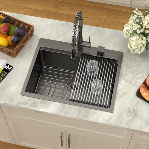 Miniatura 3 de Dcolora Fregadero de Cocina Negro de 25 Pulgadas Drop In, Fregadero de Estación de Trabajo de Acero Inoxidable Negro Nano-PVD de Un Solo Tazón