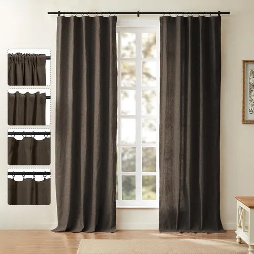 Miniatura 11 de ChadMade Cortina reductora de luz con bolsillo para barra, cortina de mezcla de lino y algodón para oficina, 96 pulgadas de largo, con pestaña Beige