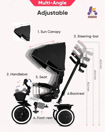 Miniatura 6 de KRIDDO Cochecito de triciclo 7 en 1 para niños pequeños de 18 meses a 5 años, mango de empuje ajustable, asiento giratorio, portavasos y toldo Blanco