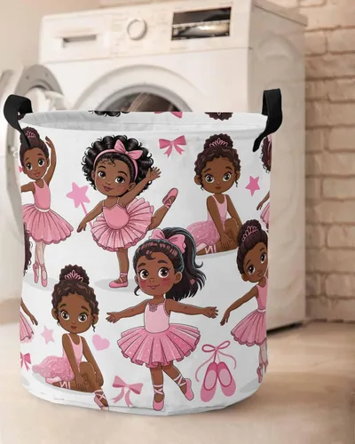 Miniatura 6 de Cesta de lavandería africana negra para bailar ballet, impermeable, plegable, falda rosa, lazo de estrella, bolsa de almacenamiento grande
