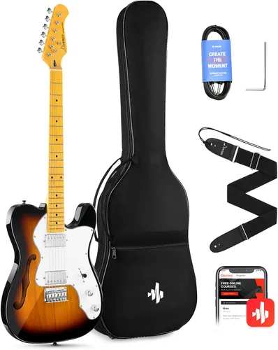 Guitarra eléctrica Donner Jazz de 39 pulgadas TL Thinline F Hole para principiantes, tamaño grande, guitarra hueca con pastillas H-H, con bolso,