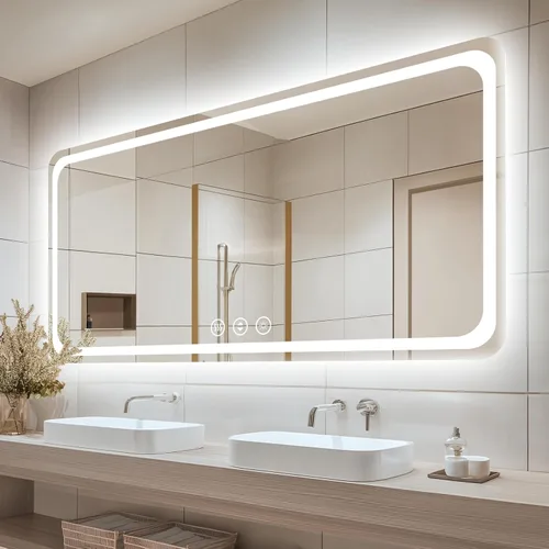 Miniatura 16 de 48x24 Inch LED Bathroom Mirror with Lights, Anti-Fog 3-Color Dimmable Memory Touch Control, Waterproof HD Tempered Glass, Wall Mounted Vanity Mirror