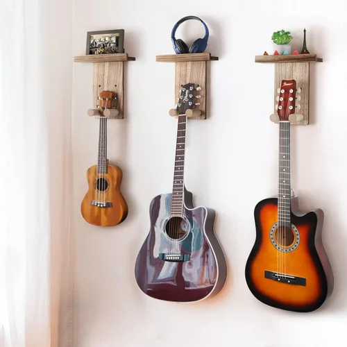 Miniatura 7 de Keebofly 2 unidades de colgador de pared para guitarra con estante de madera y soporte para púa para guitarra acústica, eléctrica, ukelele, bajo