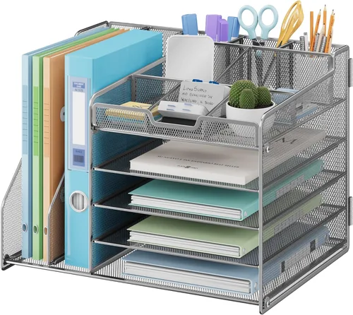 Miniatura 15 de Lavatino Organizador de escritorio, bandeja de papel de malla metálica de 5 niveles con 1 soporte para archivos y 7 divisores flexibles para Negro