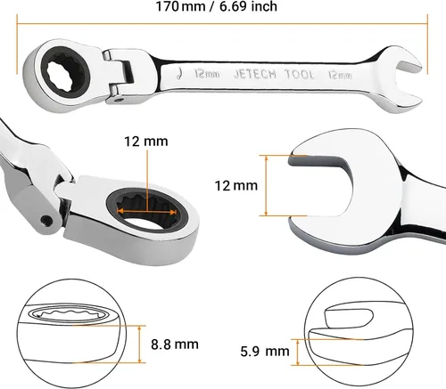 Miniatura 2 de Jetech 12mm Juego de Llaves de Trinquete con Cabeza Flexible: Llave de Caja de 12 Puntos Juego de Llaves de Combinación de Trinquete Métrico