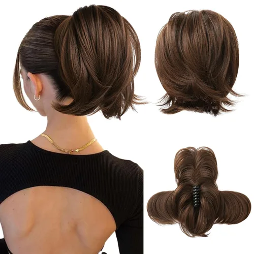 Miniatura 19 de HOOJIH - Pieza de cabello con moño desordenado, clip de garra en moño de cabello liso de 9 pulgadas, extensión de cola de caballo corta con alambre