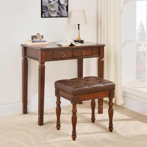 Miniatura 4 de Taburete de tocador de madera maciza con tapizado, banco de piano de mediados de siglo con patas talladas, taburetes de maquillaje con asiento