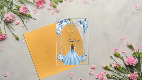 Miniatura 5 de Avior Invitación de Quinceañera Vestido Azul Bebé Invitación de Vidrio Acrílico, Mis Membrillo, Dulce 15, Dulce 16, Diseño Floral, XV Años, 15 años