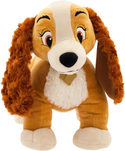 Disney Store Peluche oficial para dama, tamaño mediano, suave para niños, con textura mullida, detalles bordados, collar y placa de perro, peluche