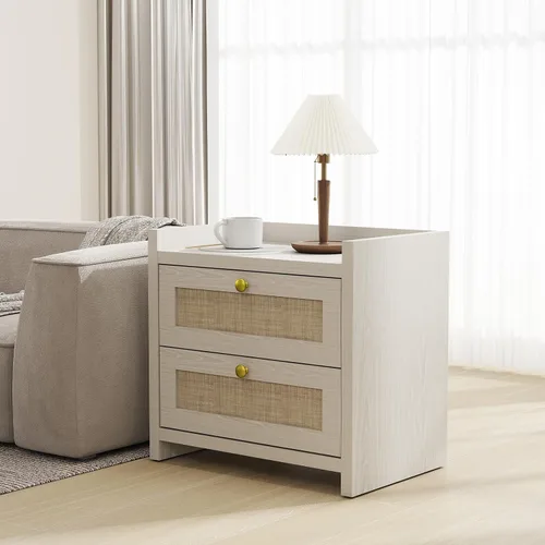 Miniatura 2 de LubanNese Juego de 2 mesitas de noche de 23.6 pulgadas, mesa de noche de madera bohemia con estación de carga para dormitorio, mesitas de noche
