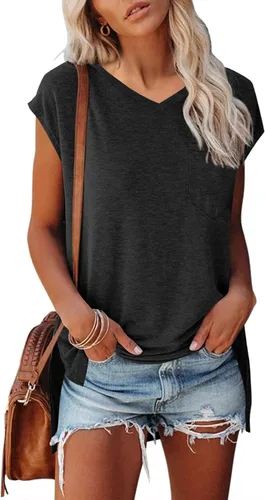 Miniatura 2 de FSHAOES Camisetas de verano con cuello en V para mujer, manga casquillo, camisetas de gran tamaño, ajuste holgado