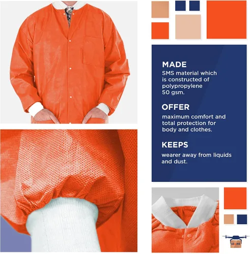 Miniatura 3 de EZGOODZ Lab Jackets SMS 50 gsm, Snaps Front, Knit Cuffs and Collar, 3 Pockets