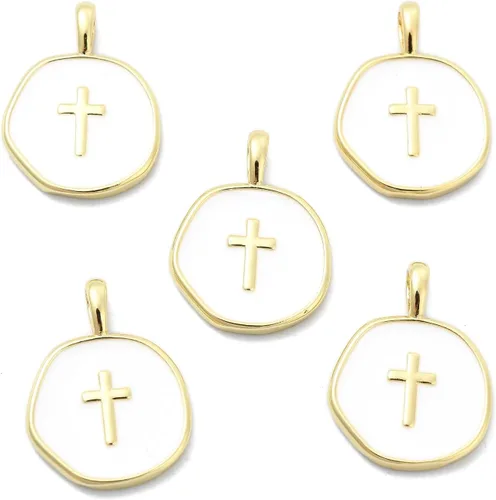 LiQunSweet 5 Pcs 18K Gold Plated Cross Brass Charms Religious Crucifix Jesus Shell Charms for DIY Jewelry Necklace Craft Accessory Bag Decoration