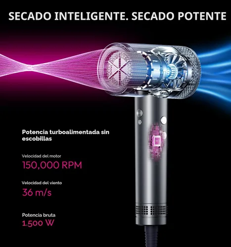 Miniatura 2 de Secador de pelo iónico de alta velocidad con difusor, pantalla LCD profesional con control térmico, secado rápido de 1500 W, secador de pelo