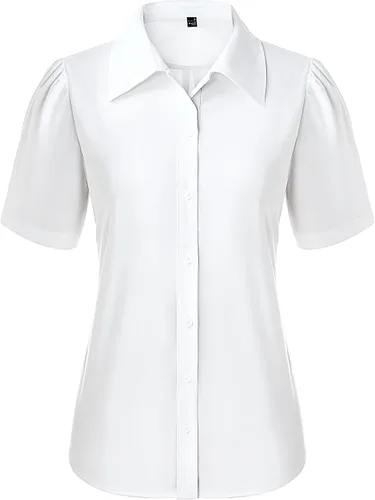 Gleeivy Camisas de botones para mujer de manga corta abombada, camisas de vestir abotonadas con cuello ajustado, blusa superior de trabajo y