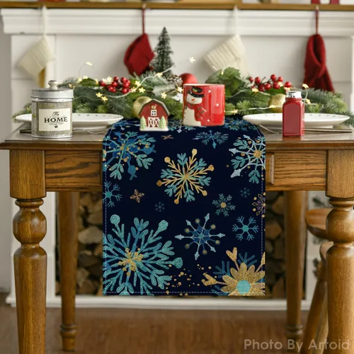 Miniatura 7 de Artoid Mode Camino de mesa hexagonal con copos de nieve azules de invierno, decoración de mesa de cocina para Navidad, para fiestas en el hogar al