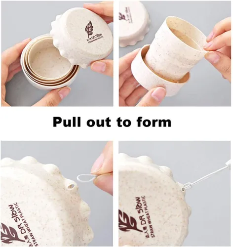 Miniatura 7 de Taza de camping plegable con tapa, plegable telescópica de trigo con paja, taza de agua plegable sin BPA para viajes al aire libre, color beige