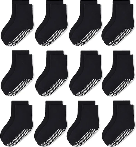 HYCLES Calcetines antideslizantes para niños pequeños, 12 pares de calcetines de tobillo alto para bebé niño y niña, para niños de 1-33-55-77-10T,