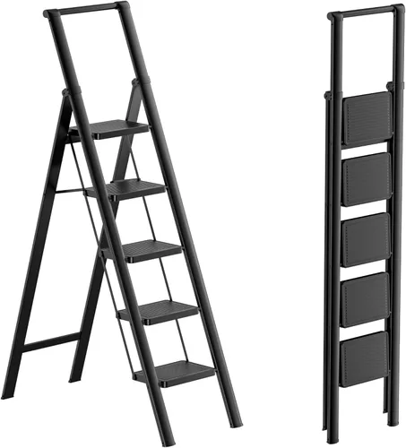Miniatura 9 de Escalera de 6 escalones para techo de 12 pies de alto, taburete plegable de aluminio ligero con cómodo agarre, escaleras con pedal antideslizante
