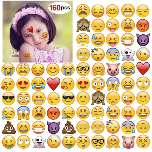 Emoticon - Tatuaje temporal (160 piezas de 2 pulgadas), divertidos tatuajes de emoticonos de Konsait para fiesta de emoticonos, suministros con
