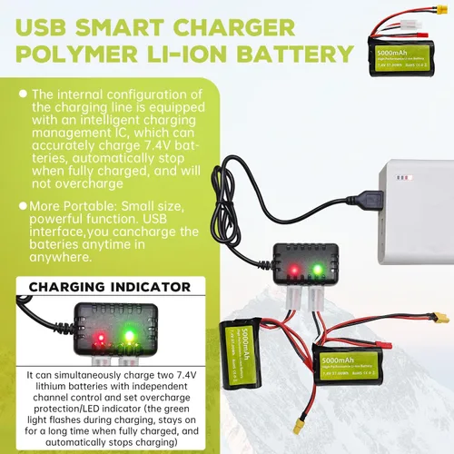 Miniatura 5 de Batería de iones de litio 2 piezas 7.4V 5000mah 2S con enchufe JST y enchufe XT30 con 1 cargador 2 en 1 para TX16S, TX18S, RC4GS, RC6GS, TX12