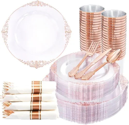 Miniatura 20 de Nervure 350 platos de plástico dorados, juegos de vajilla de plástico dorado para 50 invitados, 100 platos desechables, 150 cubiertos, 50 tazas, 50