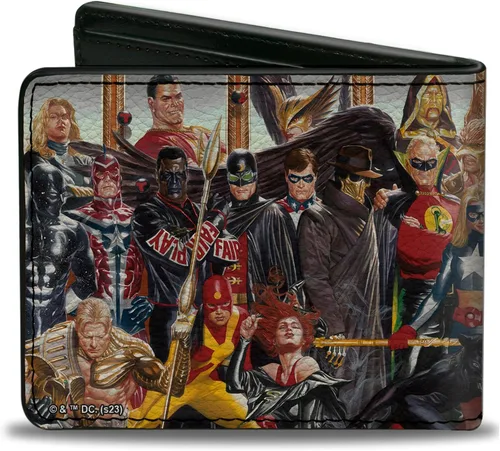 Miniatura 2 de Buckle-Down Billetera de DC Comics para hombre, plegable, Society of America Issue 26 Alex Ross Cover Pose, cuero vegano, Liga de la Justicia, 4.0 x