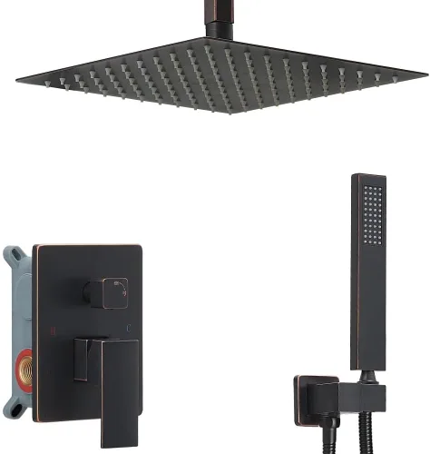 Miniatura 10 de Sistema de ducha de níquel cepillado para baño de 12 pulgadas, cabezal de ducha de lluvia, montaje en techo con juego combinado de ducha de mano