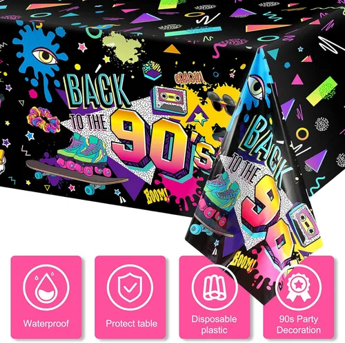 Miniatura 4 de Tegeme 3 manteles de plástico para mesa de fiesta de los años 90, mantel de fiesta de cumpleaños de los años 90, suministros de hip hop de los 90