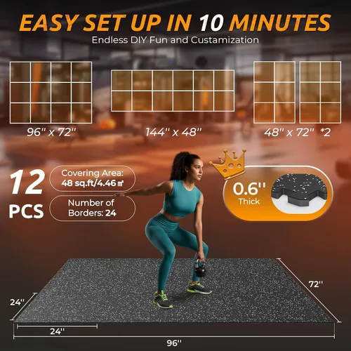 Miniatura 5 de PRAISUN Suelo de Gimnasio de Goma Más Grueso de 0.6 Pulgadas para Gimnasio en Casa, 12 Piezas 48 Pies Cuadrados Alfombrillas de Entrenamiento