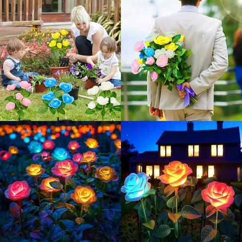 Miniatura 6 de Luces solares de jardín al aire libre, paquete de 4 luces solares al aire libre con 20 flores de rosa, luces solares impermeables de 7