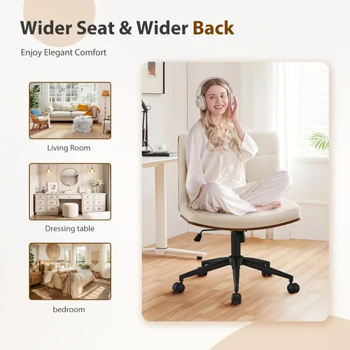 Miniatura 5 de Furnimart FSC - Silla de escritorio ancha de madera, giratoria de 360° con ruedas, cómoda silla de oficina para sentarse con las piernas cruzadas