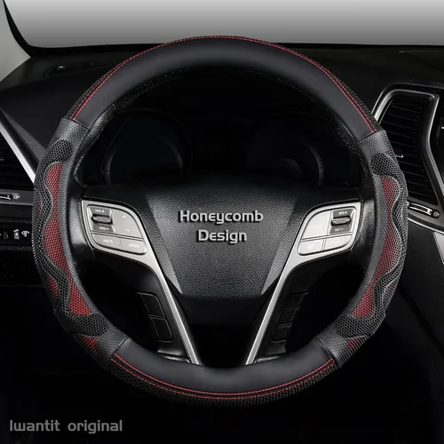 Miniatura 2 de Iwantit® Funda para volante con diseño de panal 3D antideslizante y telas transpirables, universal de 14.5-15 pulgadas (rojo/negro)